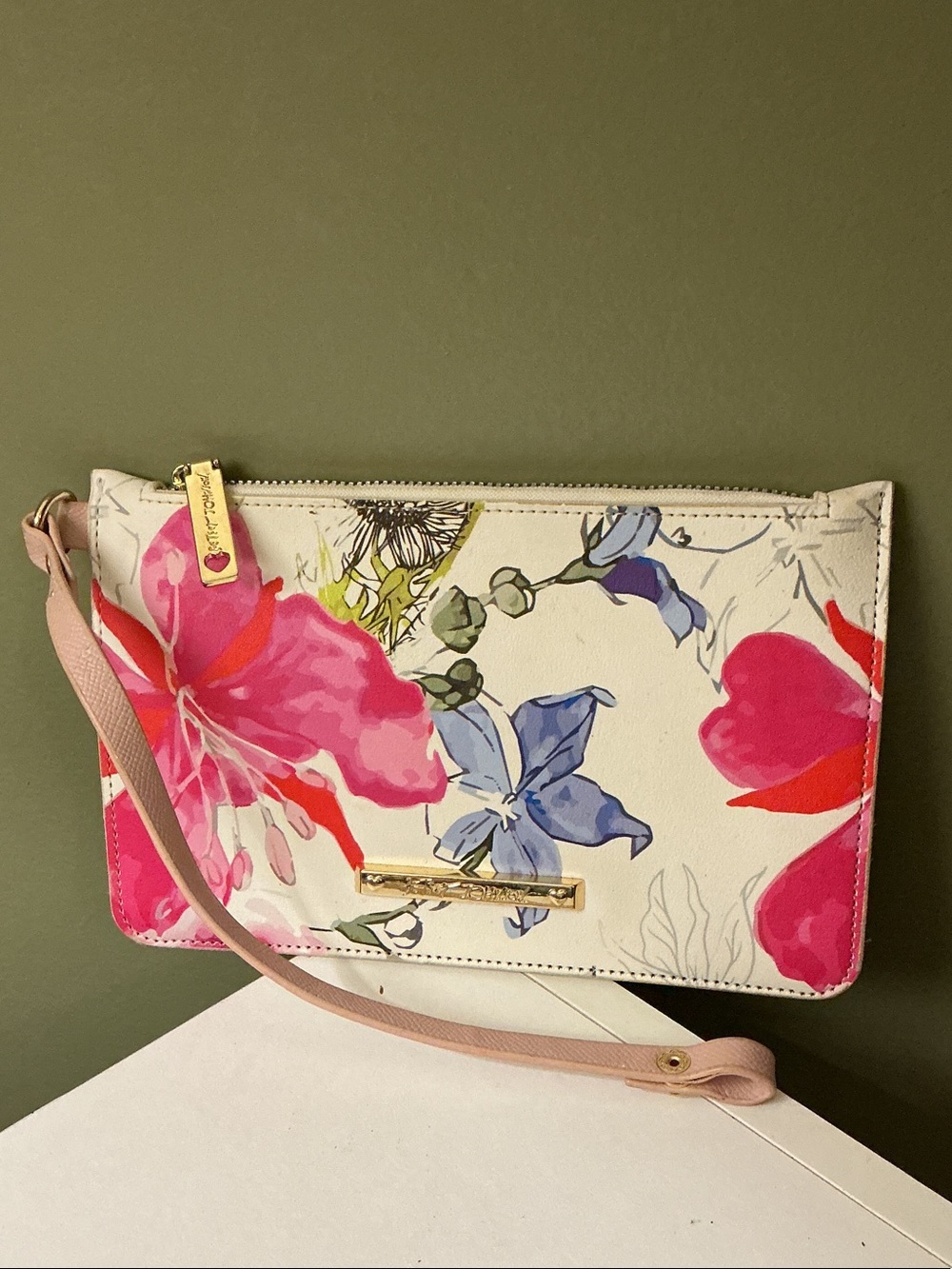 Betsey Johnson Pink, Blue and Cream Floral Wristlet with Strap